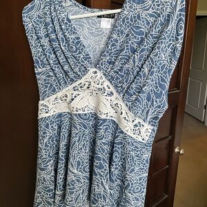 VENUS Blue Dress with White Lace Overlay